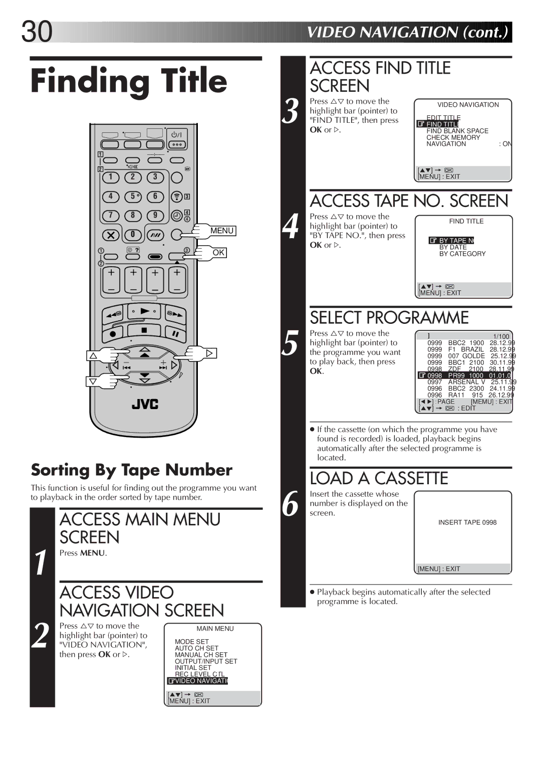 JVC LPT0319-001A Finding Title, Access Find Title Screen, Access Tape NO. Screen, Access Video, Sorting By Tape Number 