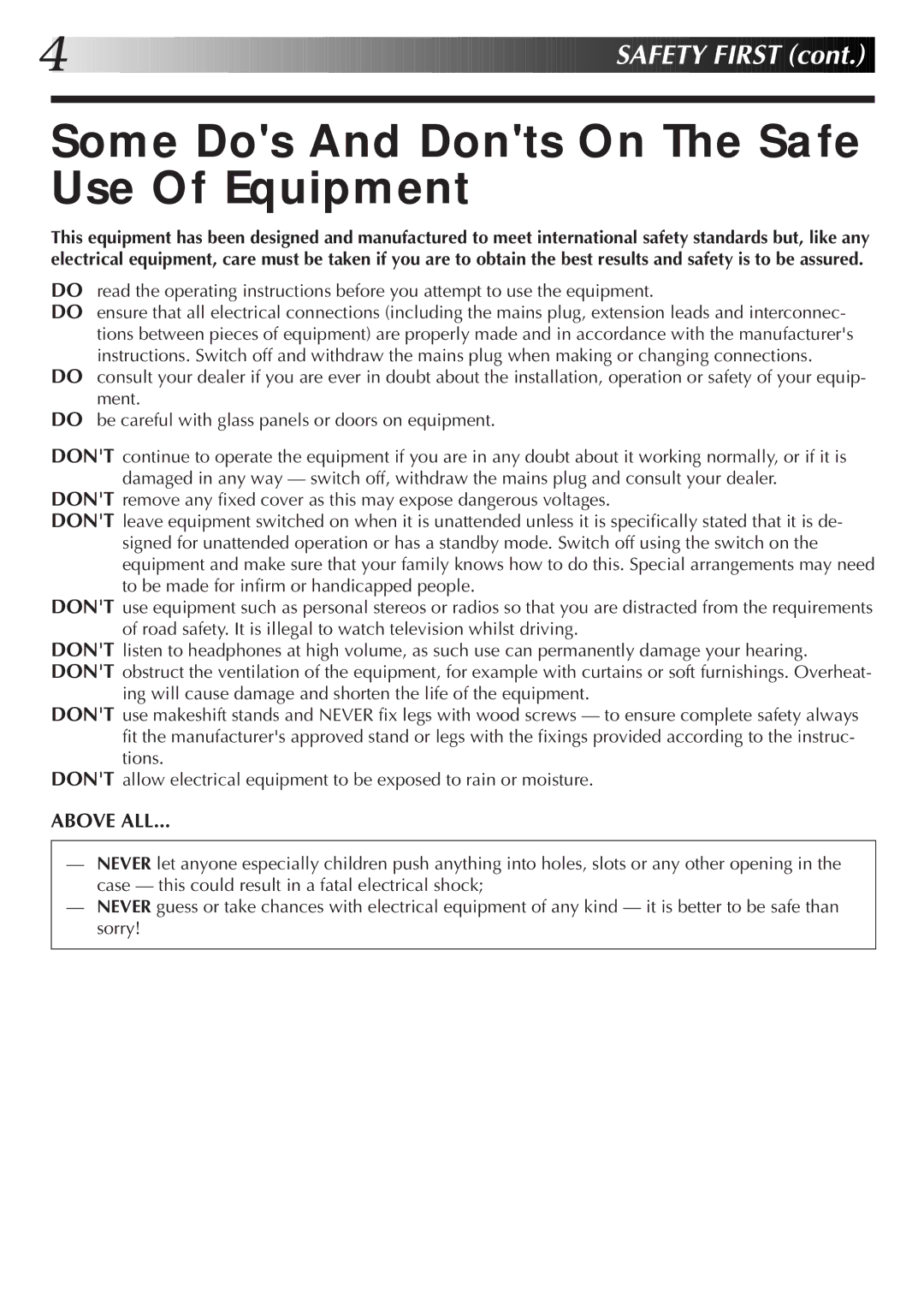 JVC LPT0319-001A, HR-S8700EK setup guide Some Dos And Donts On The Safe Use Of Equipment 