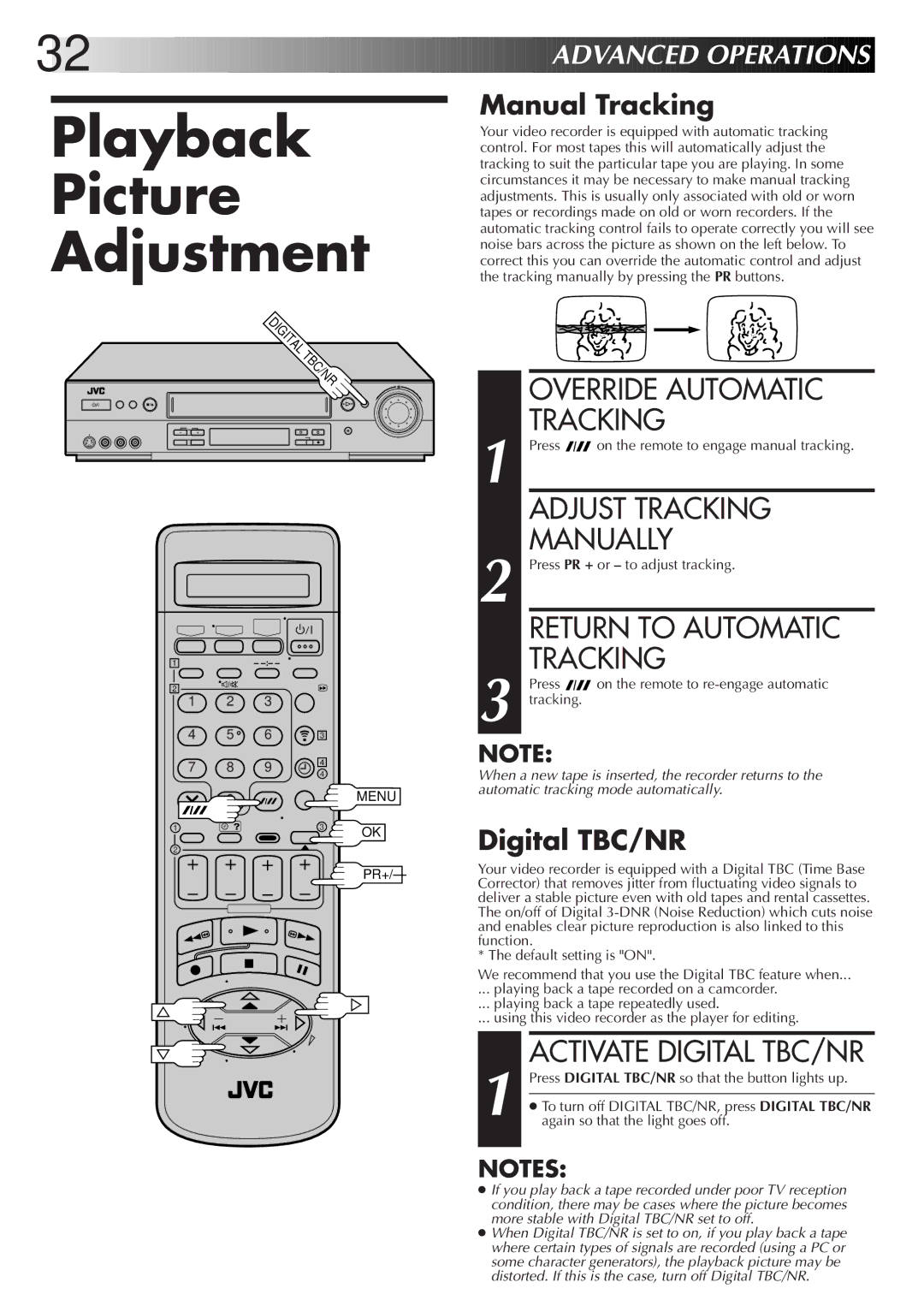 JVC LPT0319-001A Playback Picture Adjustment, Override Automatic Tracking, Adjust Tracking, Manually, Return to Automatic 