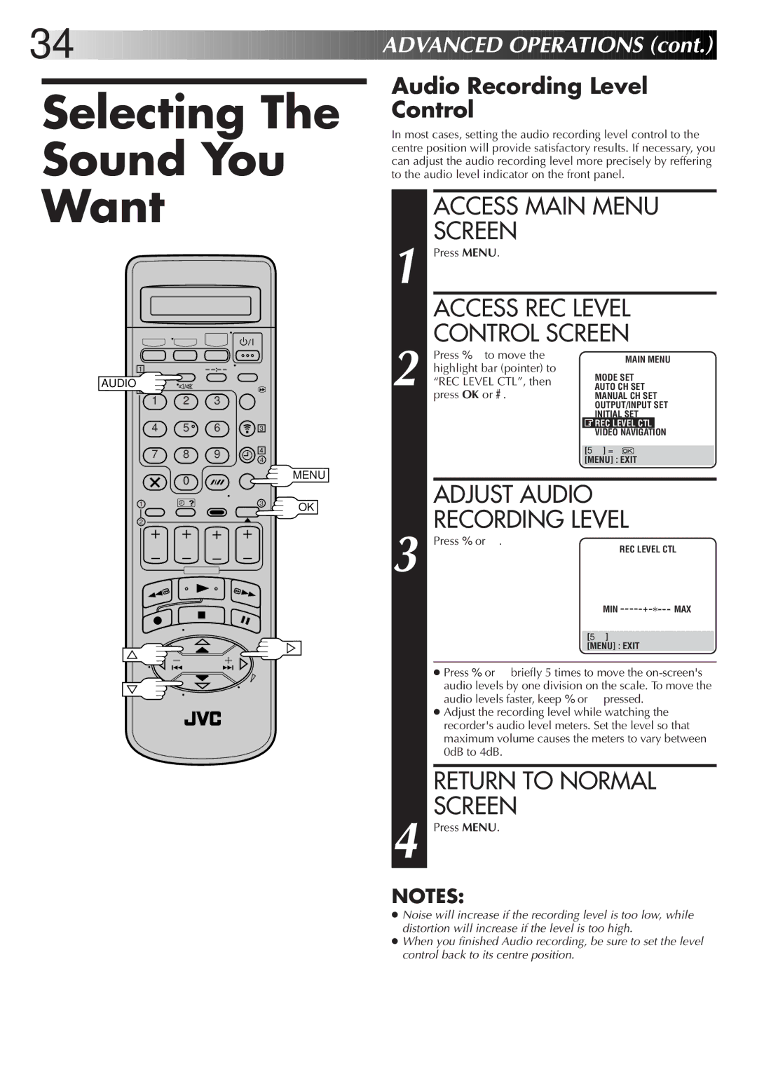 JVC LPT0319-001A, HR-S8700EK Selecting Sound You Want, Access REC Level, Control Screen, Adjust Audio, Recording Level 