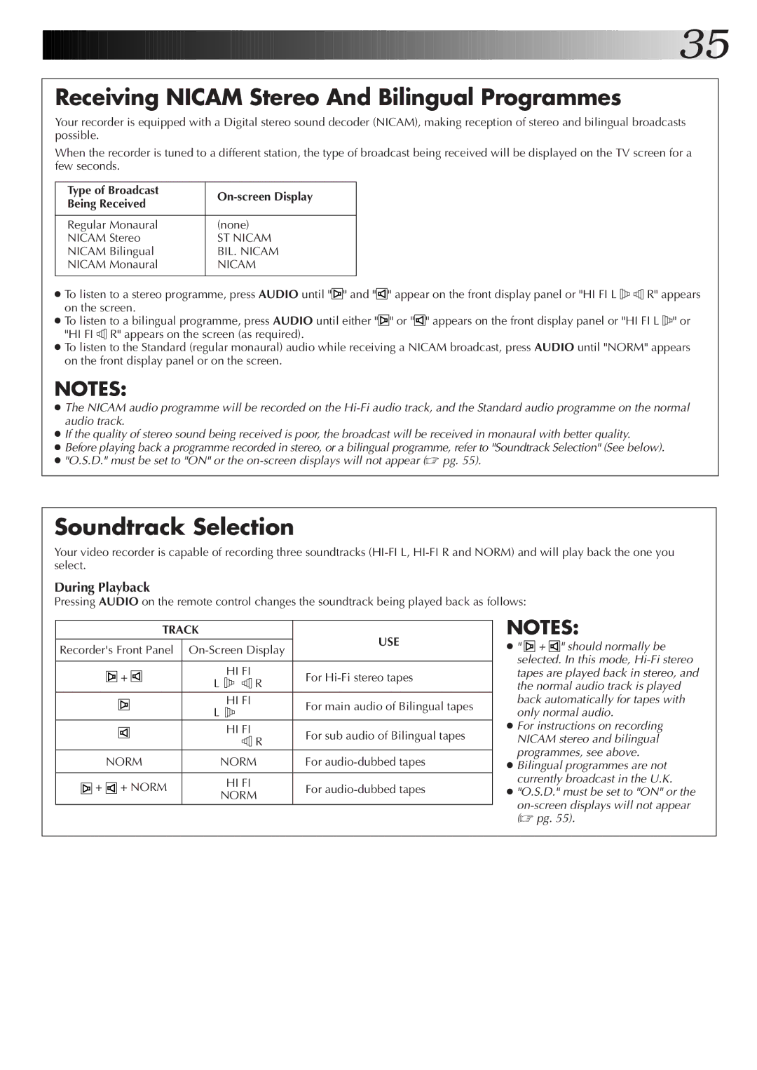 JVC HR-S8700EK Receiving Nicam Stereo And Bilingual Programmes, Soundtrack Selection, During Playback, Track USE 