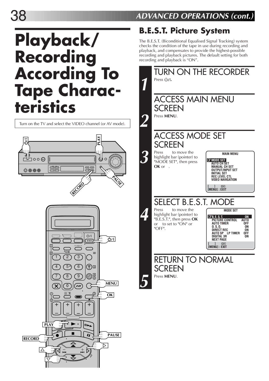 JVC LPT0319-001A Playback/ Recording According To Tape Charac- teristics, S.T. Picture System, Select B.E.S.T. Mode 