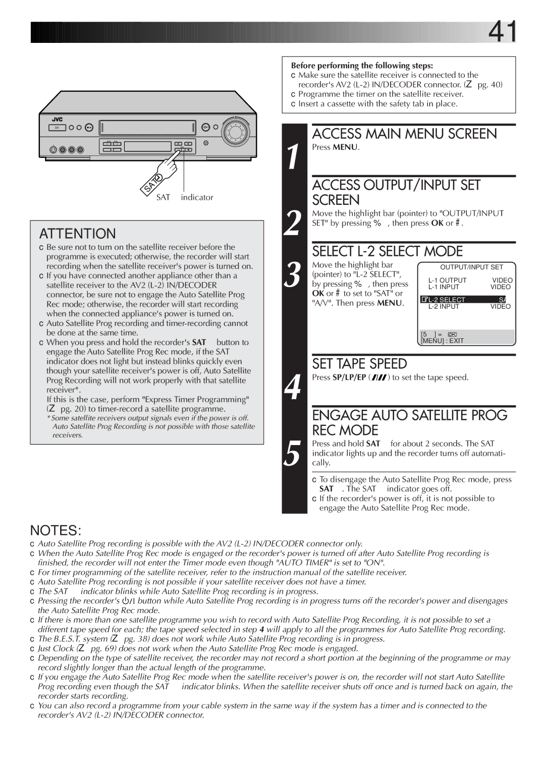 JVC HR-S8700EK, LPT0319-001A Access Main Menu Screen, Select L-2 Select Mode, Engage Auto Satellite Prog, REC Mode 