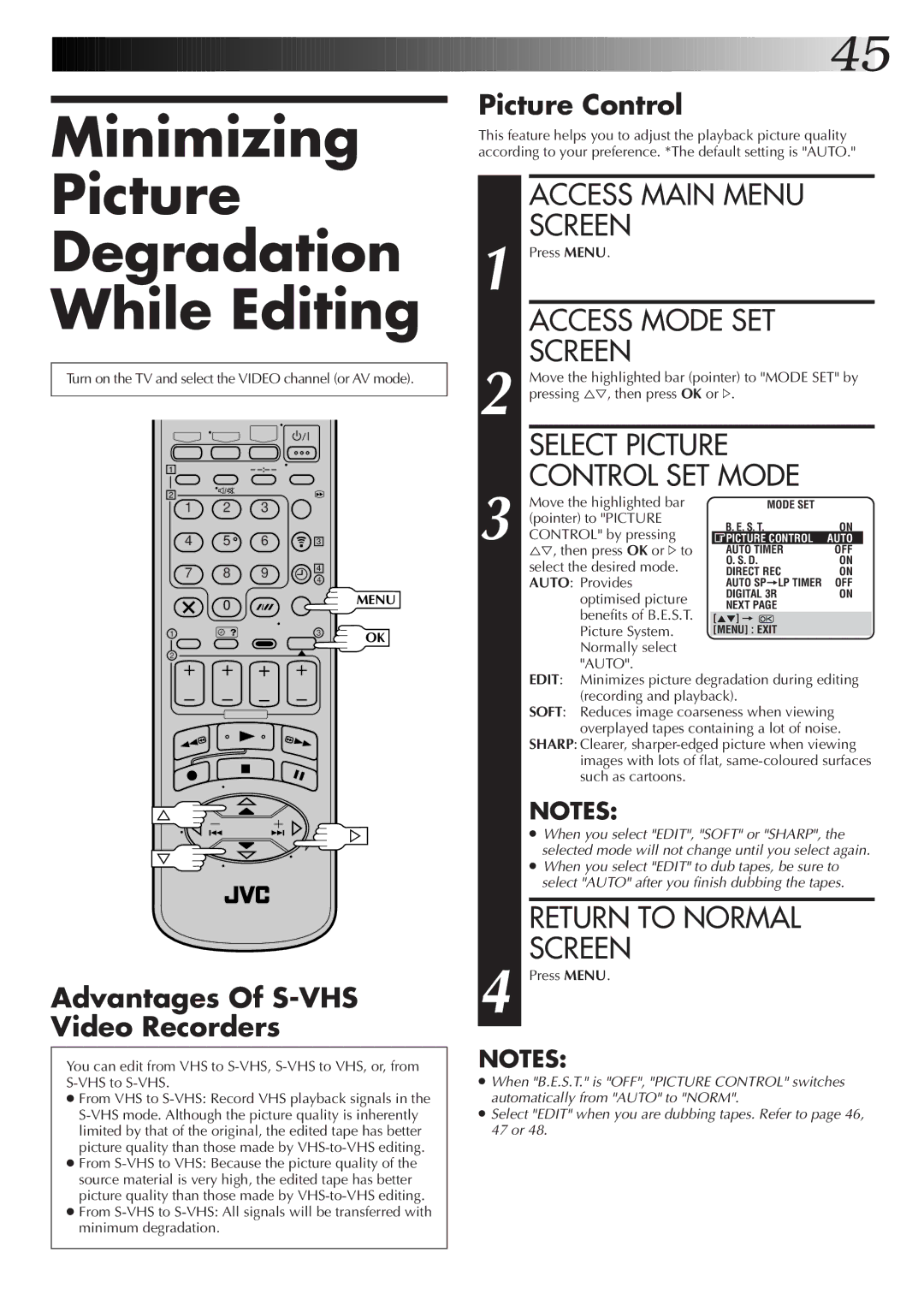JVC HR-S8700EK setup guide Minimizing Picture Degradation While Editing, Access Main Menu, Access Mode SET, Select Picture 