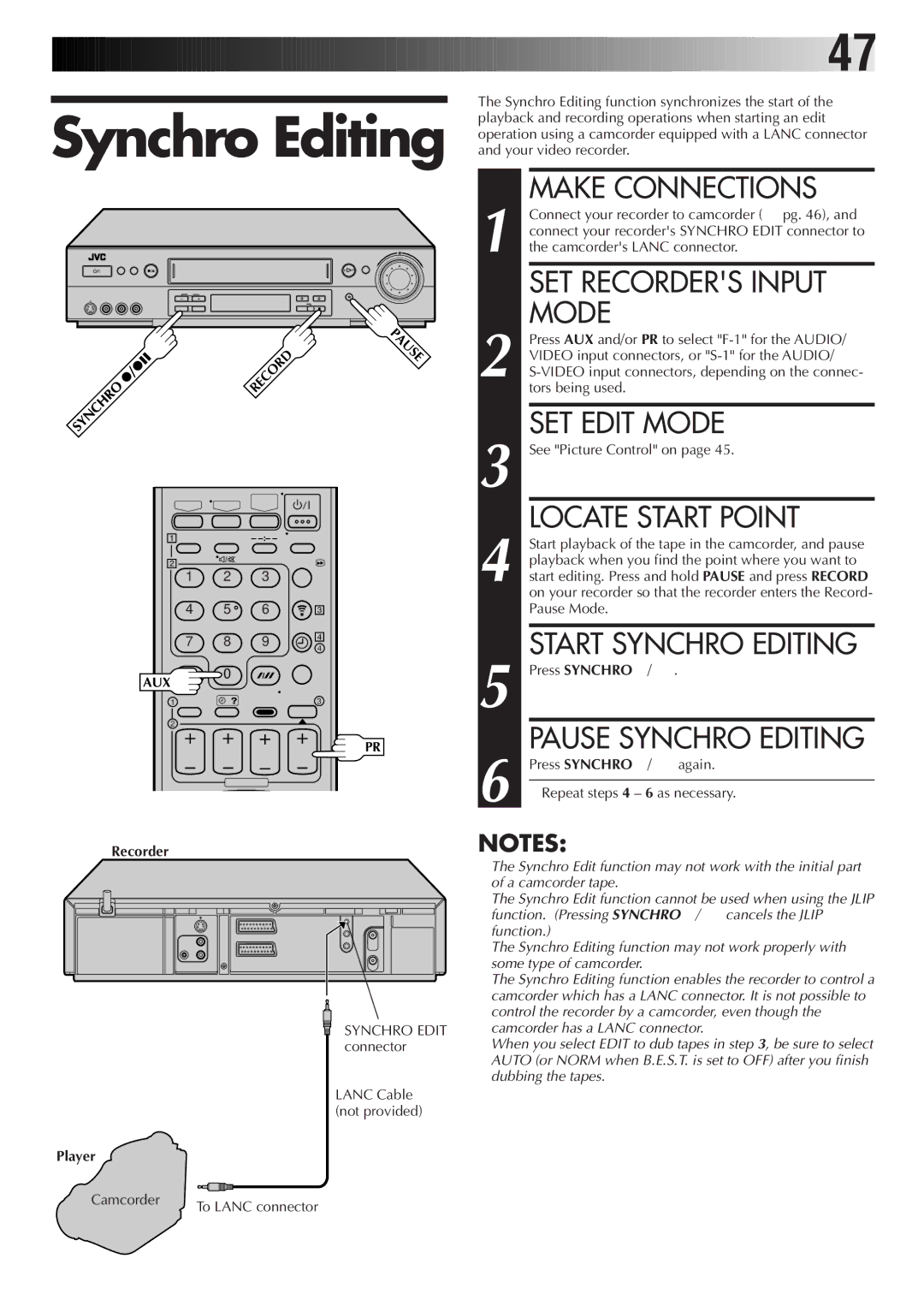 JVC HR-S8700EK, LPT0319-001A setup guide Synchro Editing, Press Synchro /8again Repeat steps 4 6 as necessary 