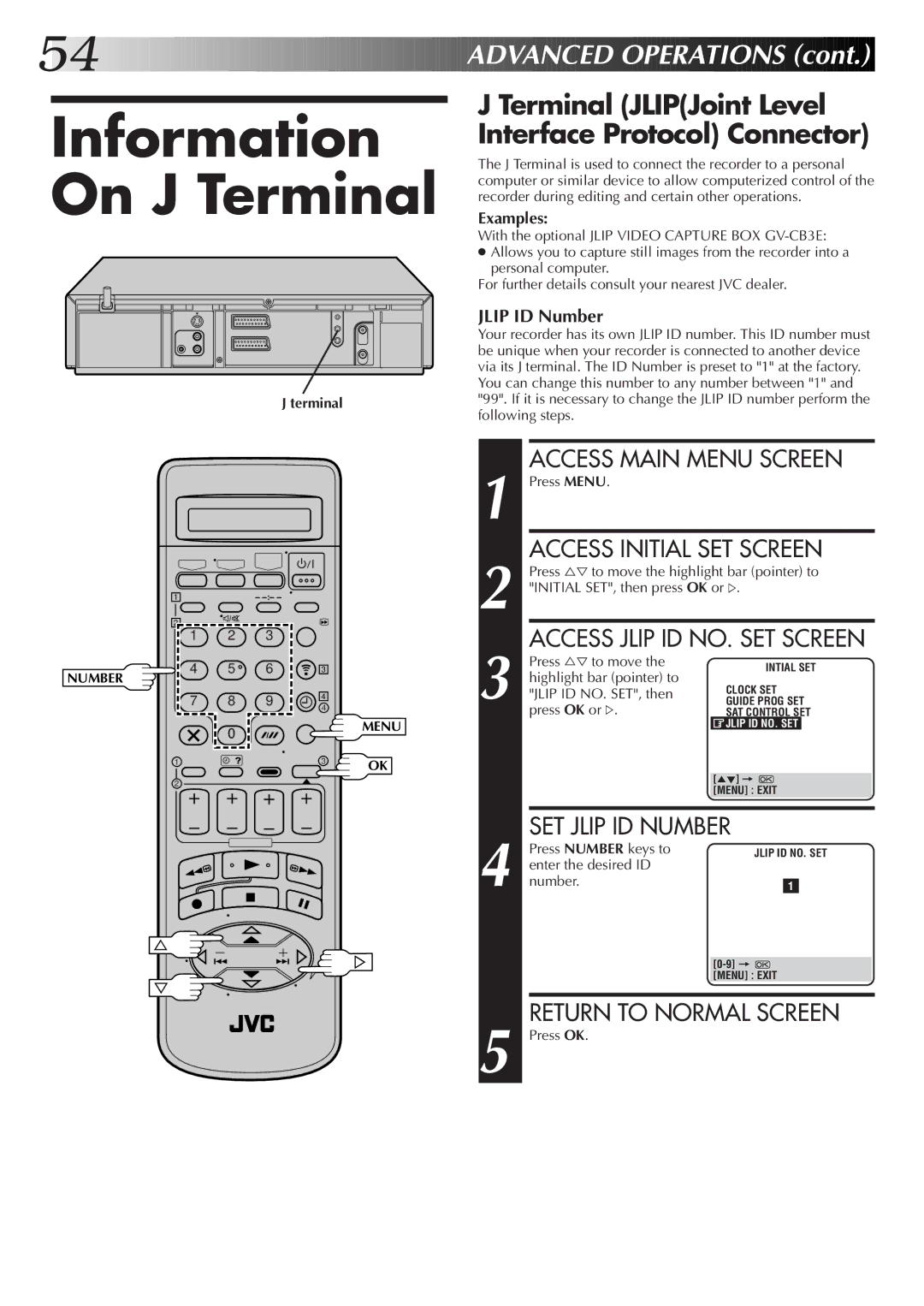 JVC LPT0319-001A Information On J Terminal, Terminal JLIPJoint Level Interface Protocol Connector, SET Jlip ID Number 