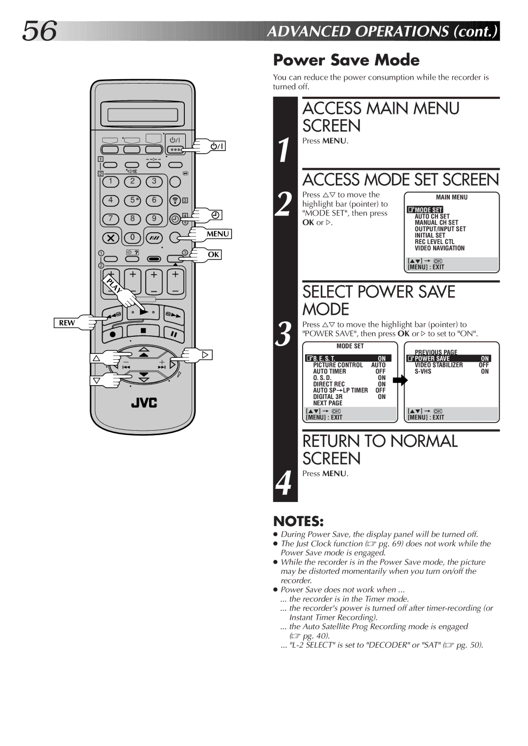 JVC LPT0319-001A, HR-S8700EK setup guide Select Power Save Mode, Press %Þ to move the highlight bar pointer to 