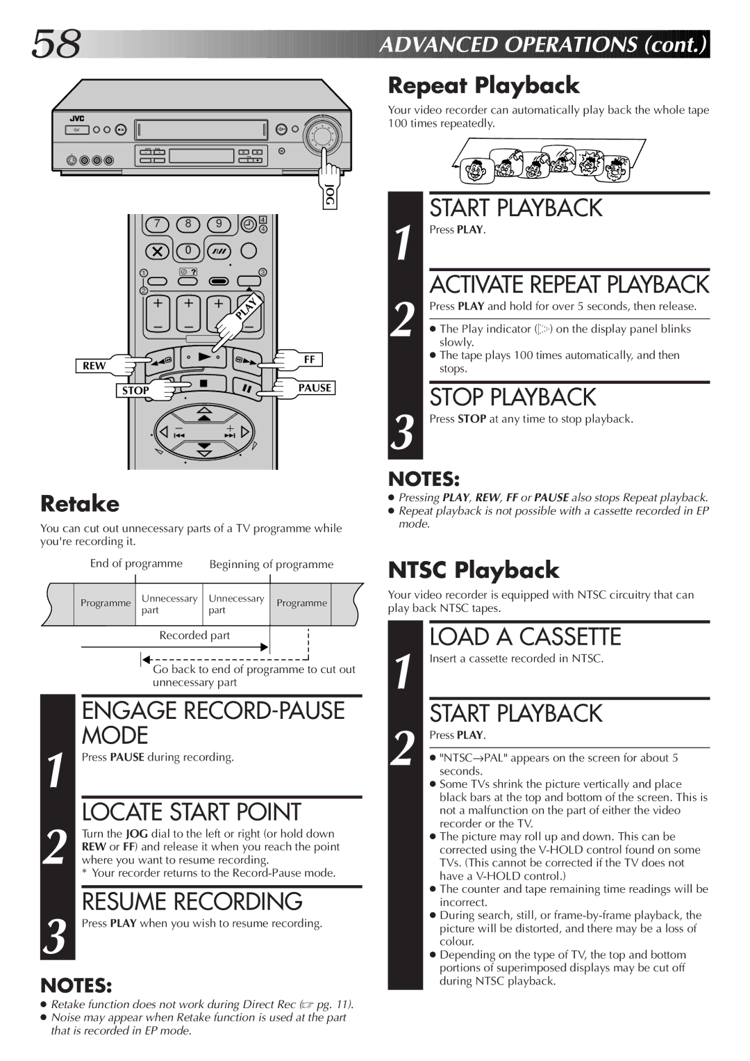 JVC LPT0319-001A, HR-S8700EK setup guide Stop Playback, Engage RECORD-PAUSE Mode, Resume Recording 