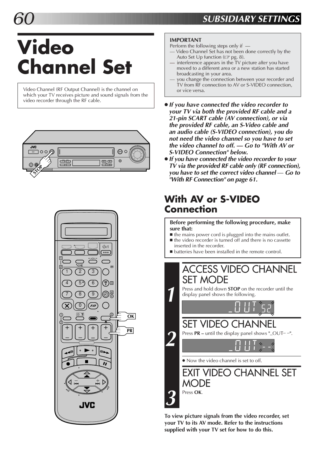 JVC LPT0319-001A Video Channel Set, Access Video Channel SET Mode, SET Video Channel, Exit Video Channel SET Mode 