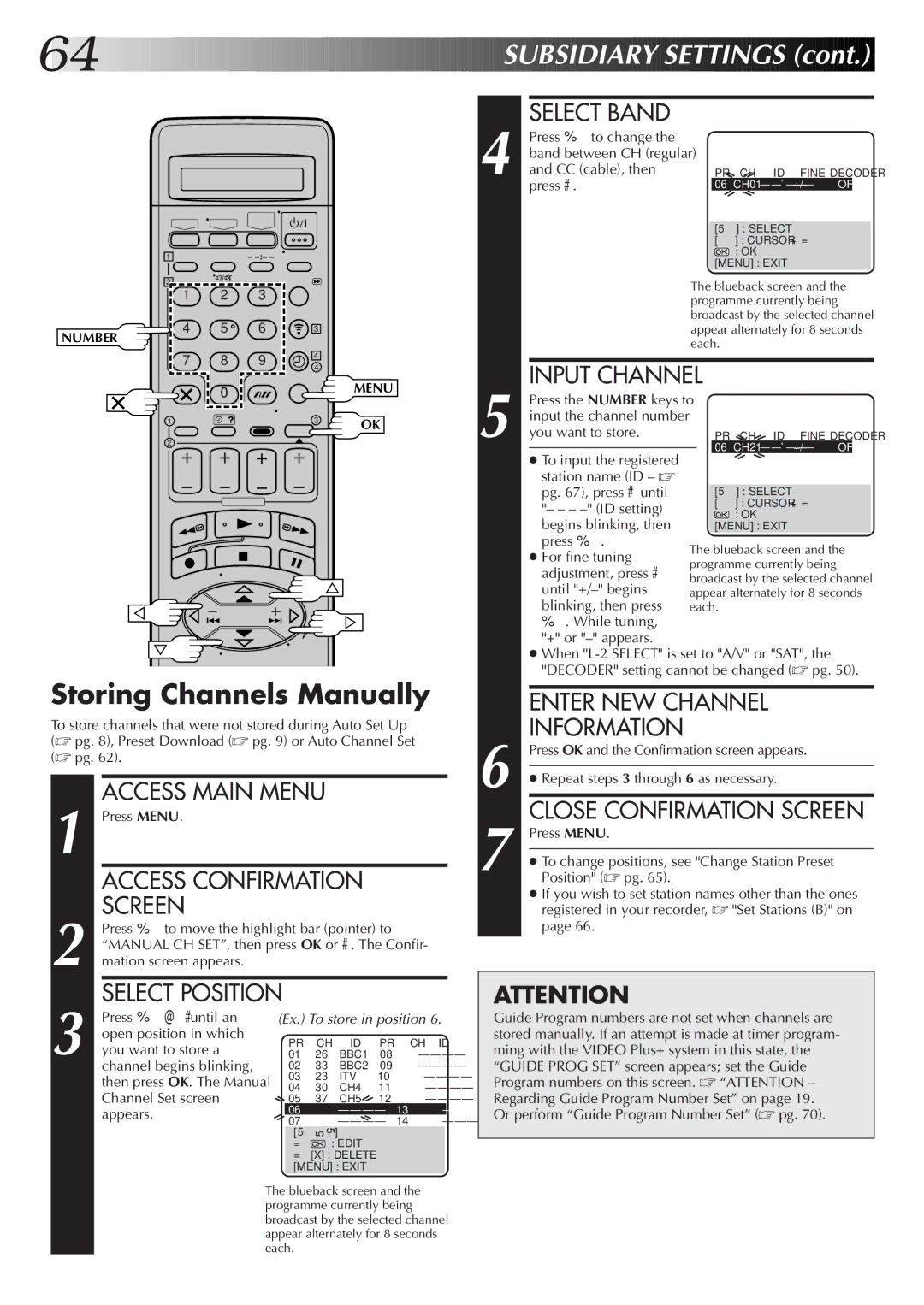 JVC LPT0319-001A Storing Channels Manually, Input Channel, Enter NEW Channel Information, Close Confirmation Screen 