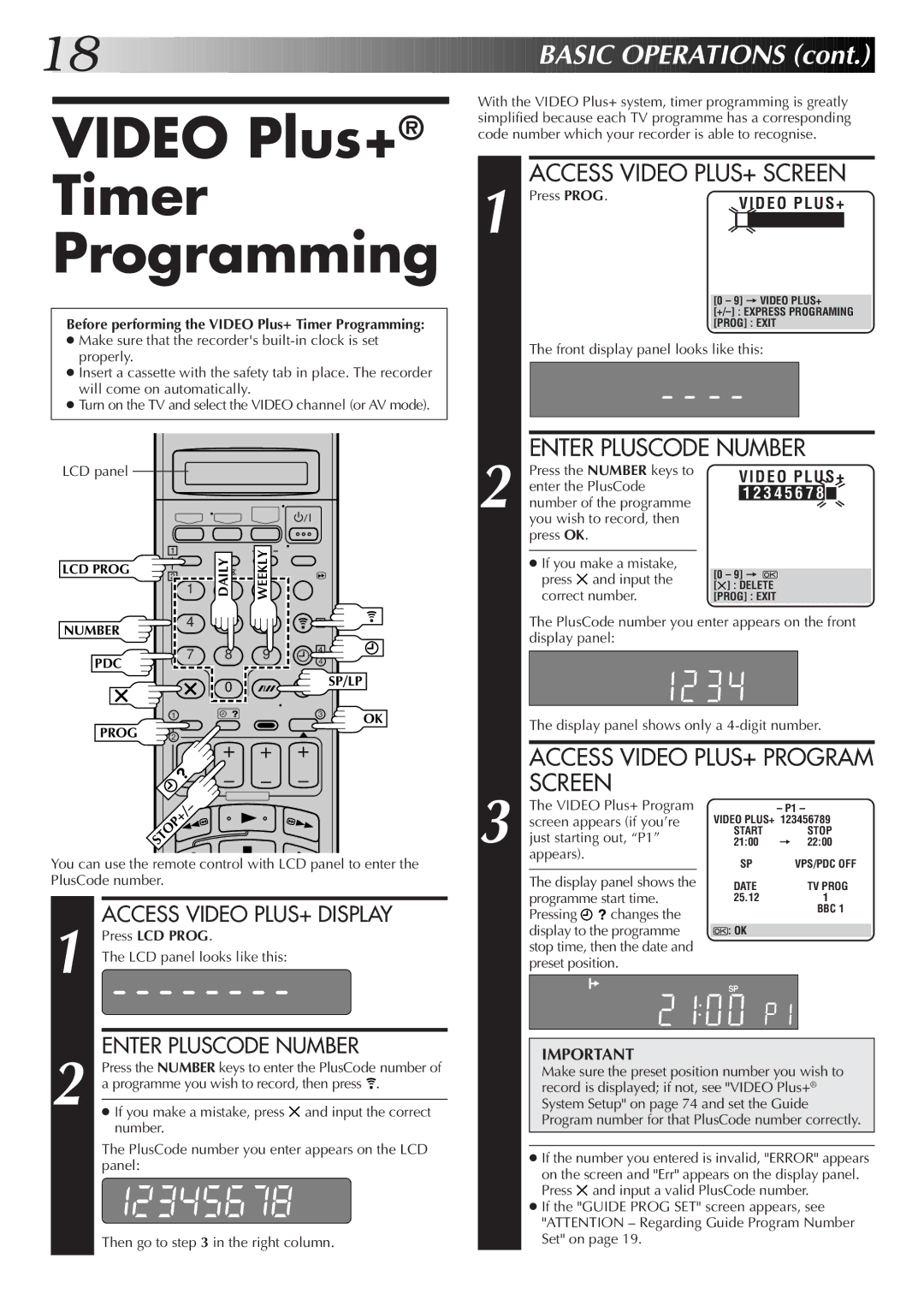 JVC LPT0320-001B, HR-S9700EK setup guide Video Plus+ Timer Programming, Access Video PLUS+ Screen, Enter Pluscode Number 