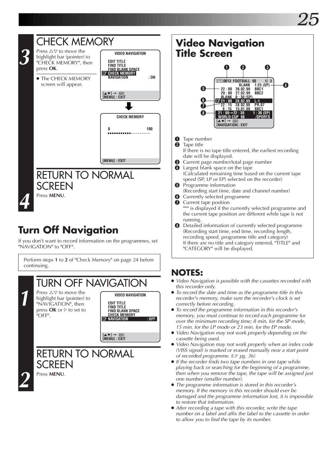 JVC HR-S9700EK, LPT0320-001B setup guide Check Memory, Return to Normal Screen, Turn OFF Navigation, Turn Off Navigation 