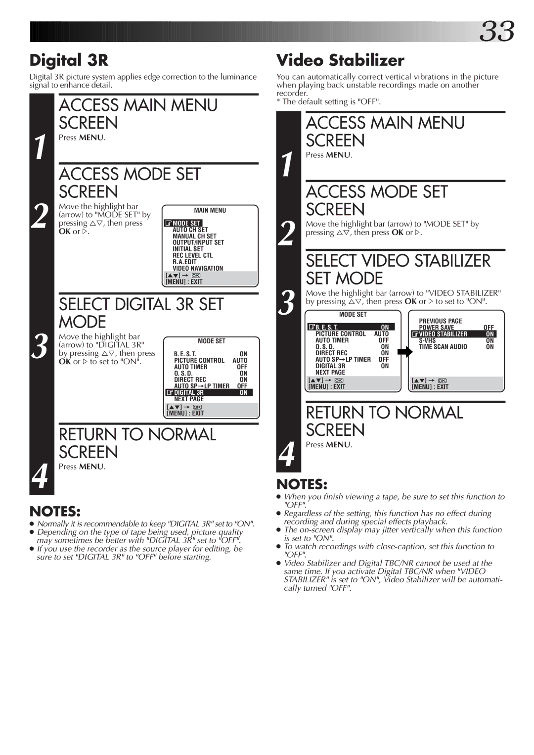 JVC HR-S9700EK, LPT0320-001B setup guide SET Mode, Digital 3R, Video Stabilizer 