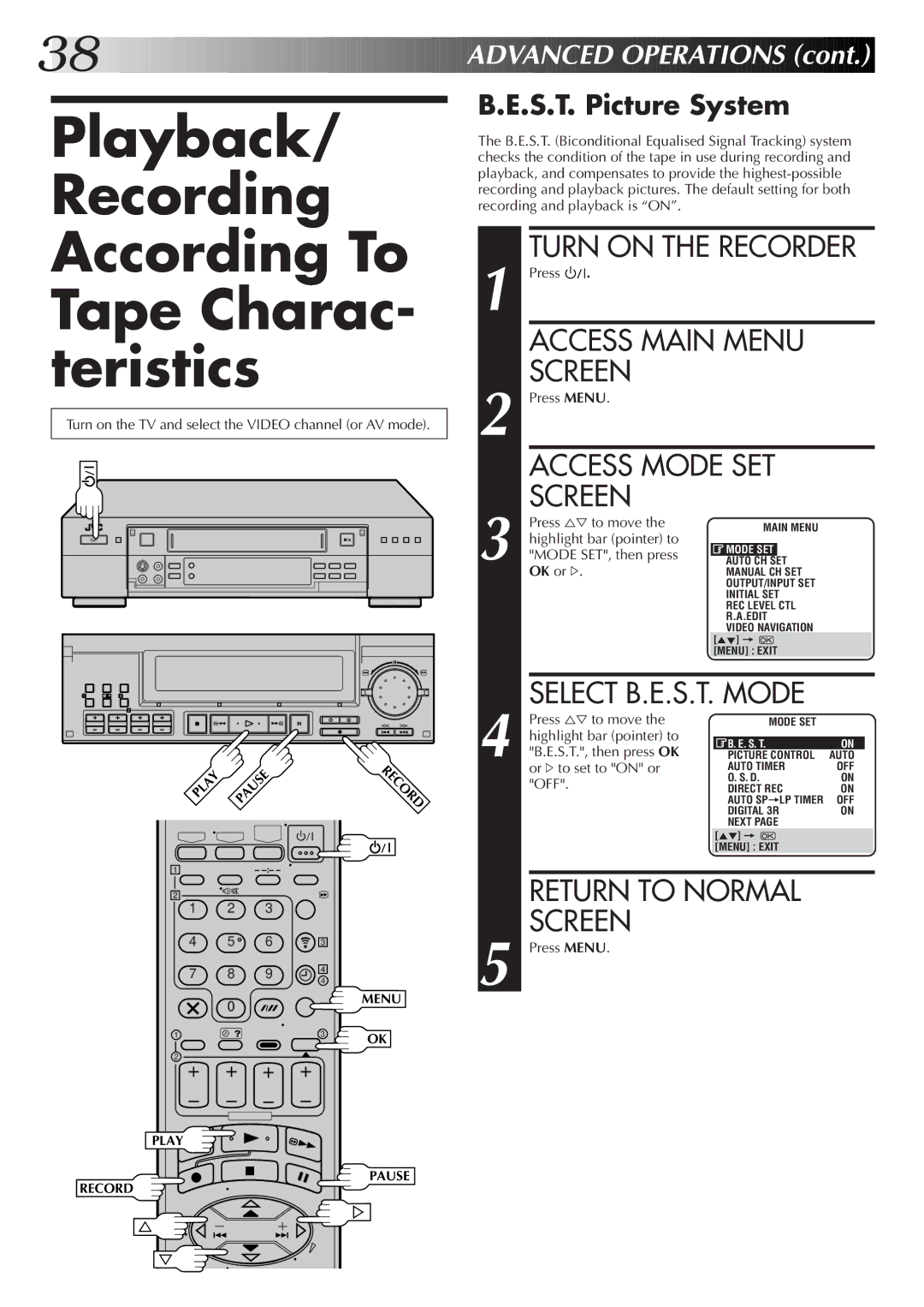 JVC LPT0320-001B Playback/ Recording According To Tape Charac- teristics, S.T. Picture System, Select B.E.S.T. Mode 