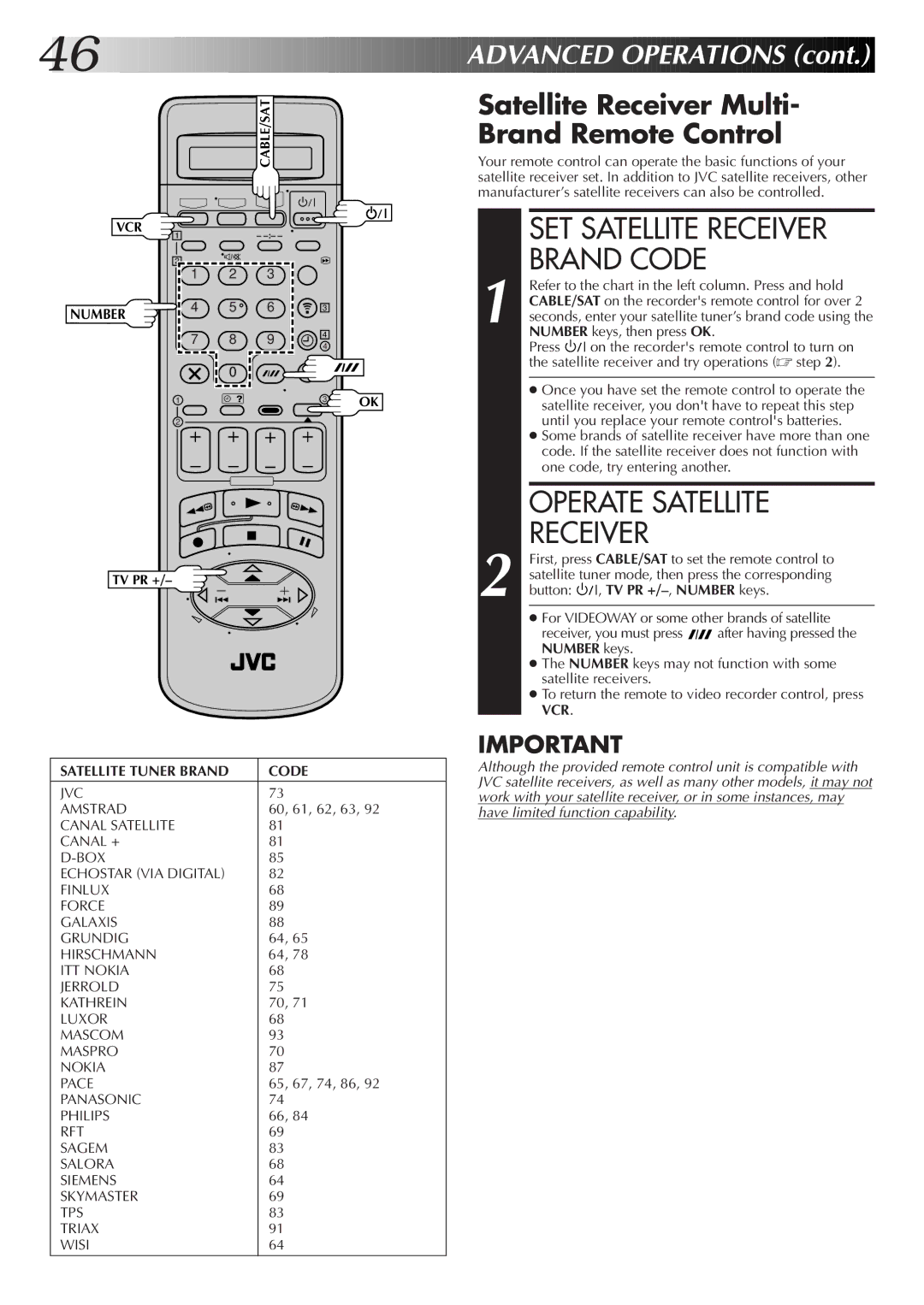 JVC LPT0320-001B, HR-S9700EK setup guide SET Satellite Receiver, Brand Code, Operate Satellite Receiver, Number 