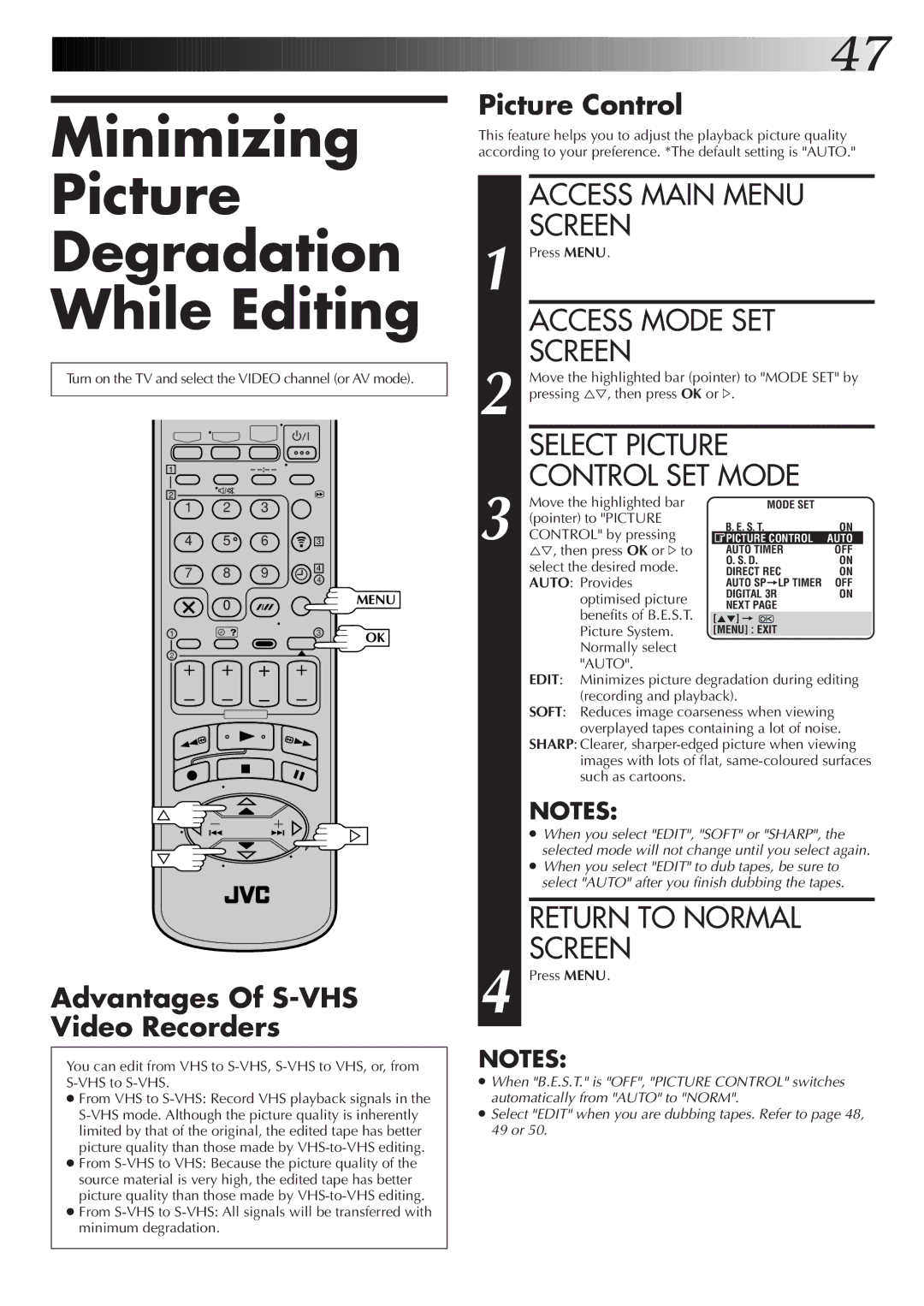 JVC HR-S9700EK setup guide Minimizing Picture Degradation While Editing, Access Main Menu, Access Mode SET, Select Picture 