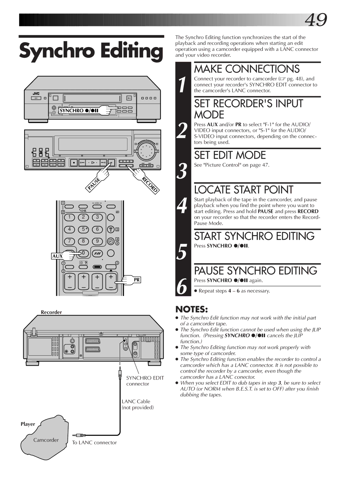 JVC HR-S9700EK setup guide Synchro Editing, Repeat steps 4 6 as necessary, Synchro Edit connector Lanc Cable not provided 