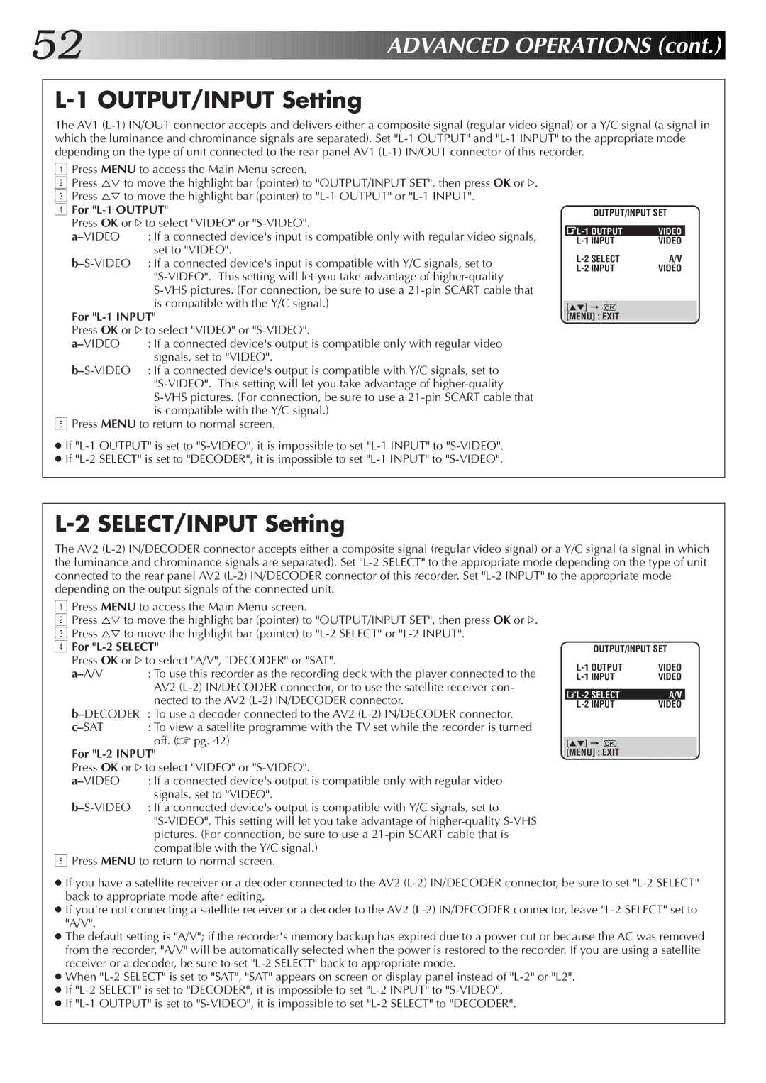 JVC LPT0320-001B, HR-S9700EK setup guide OUTPUT/INPUT Setting, SELECT/INPUT Setting 