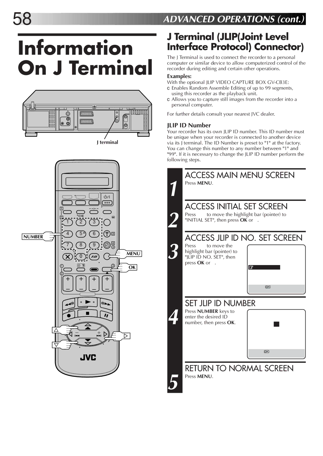 JVC LPT0320-001B Information On J Terminal, Terminal JLIPJoint Level Interface Protocol Connector, SET Jlip ID Number 