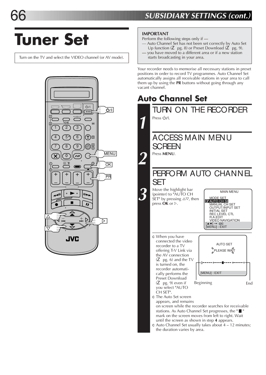 JVC LPT0320-001B Tuner Set, Perform Auto Channel SET, Auto Channel Set, Pointer to Auto CH, SET by pressing %Þ, then 