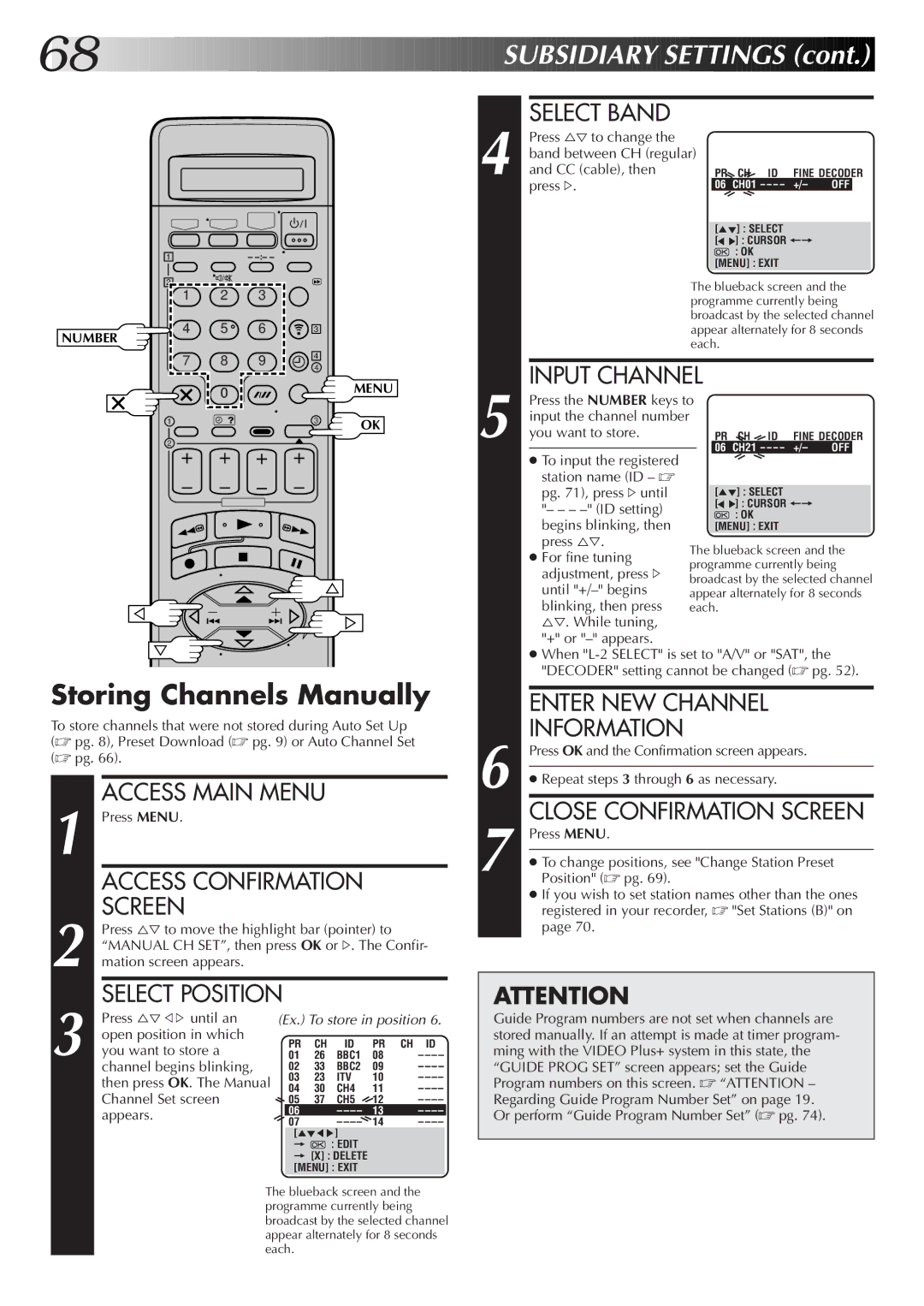 JVC LPT0320-001B Storing Channels Manually, Input Channel, Enter NEW Channel Information, Close Confirmation Screen 