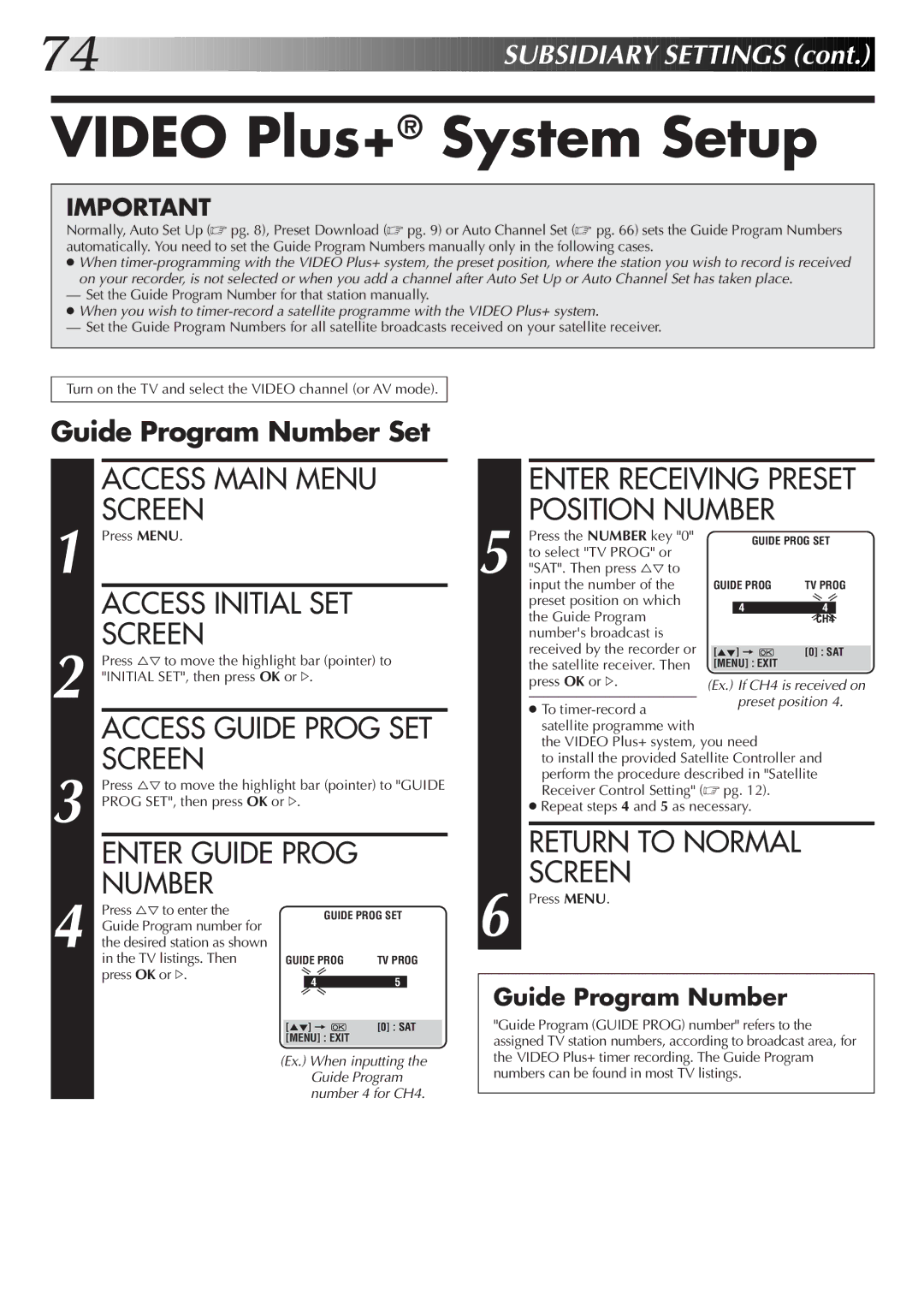 JVC LPT0320-001B, HR-S9700EK setup guide Video Plus+ System Setup, Guide Program Number Set 