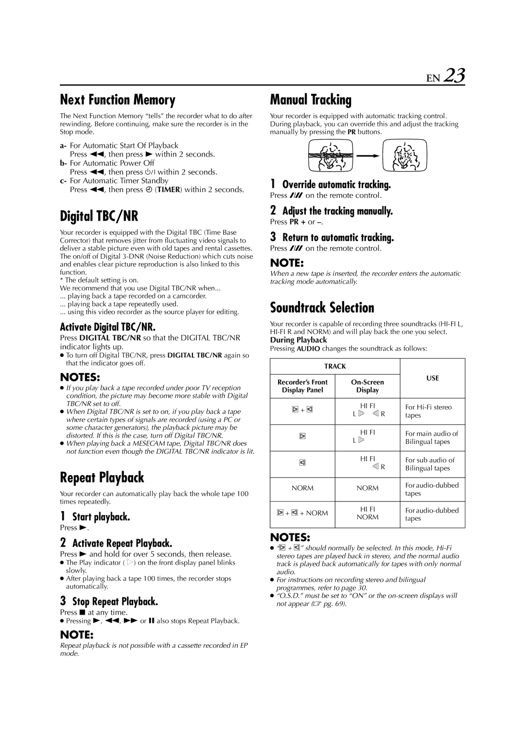 JVC LPT0328 specifications Next Function Memory, Digital TBC/NR, Repeat Playback, Manual Tracking, Soundtrack Selection 