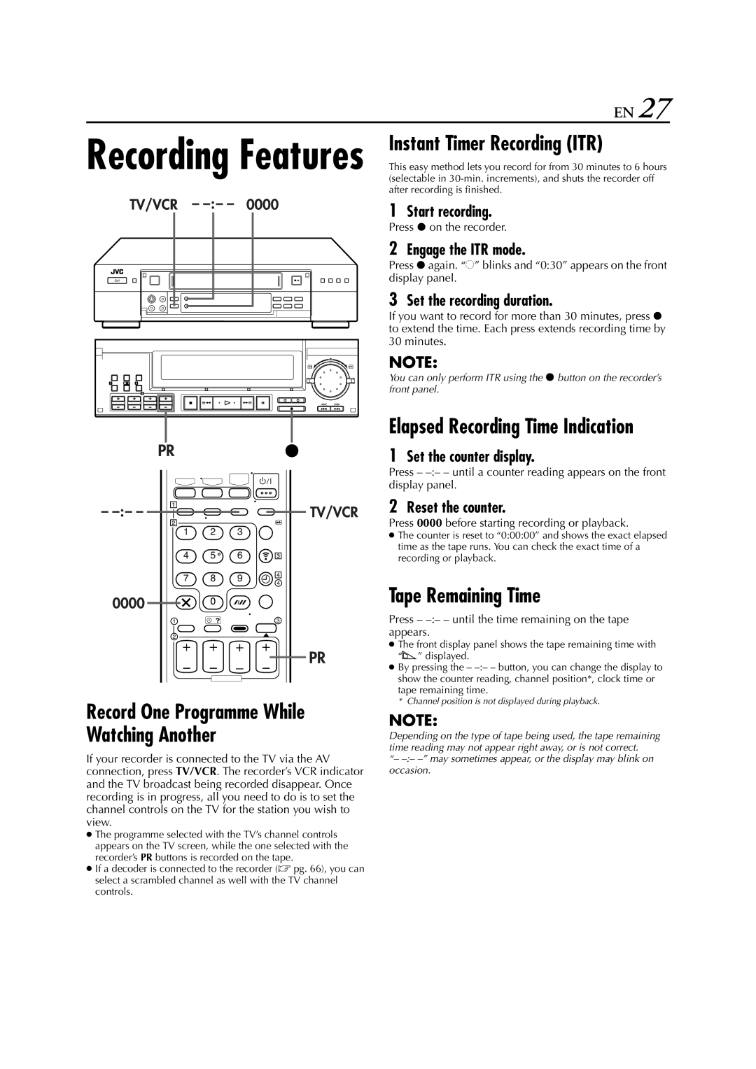 JVC LPT0328 specifications Instant Timer Recording ITR, Tape Remaining Time 