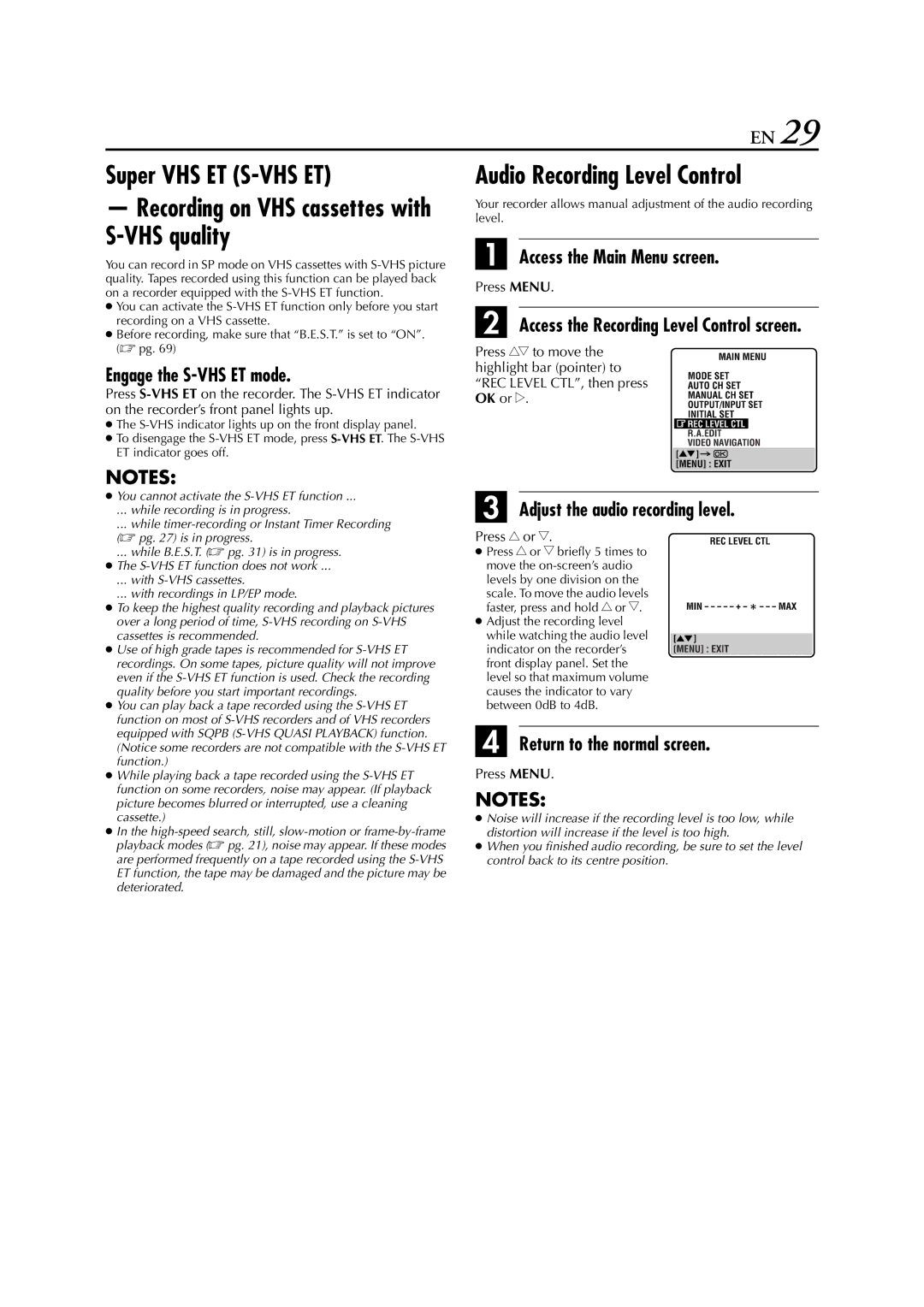 JVC LPT0328 specifications Super VHS ET S-VHS ET, Audio Recording Level Control, Engage the S-VHS ET mode, Press r or t 