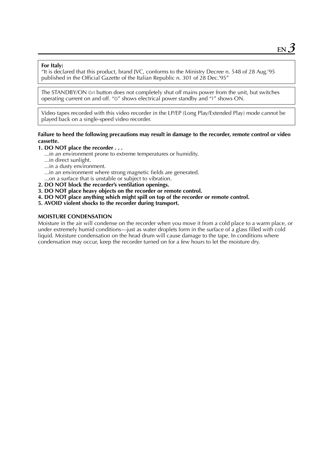 JVC LPT0328 specifications Moisture Condensation 