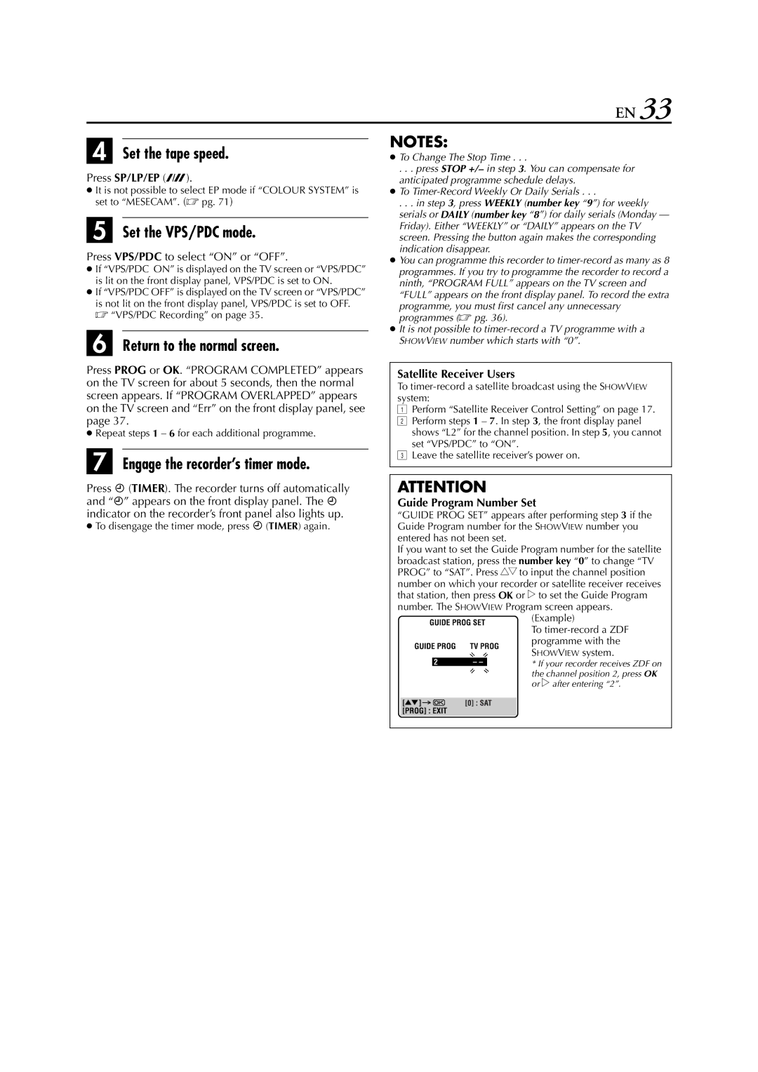 JVC LPT0328 Set the VPS/PDC mode, Engage the recorder’s timer mode, Satellite Receiver Users, Guide Program Number Set 