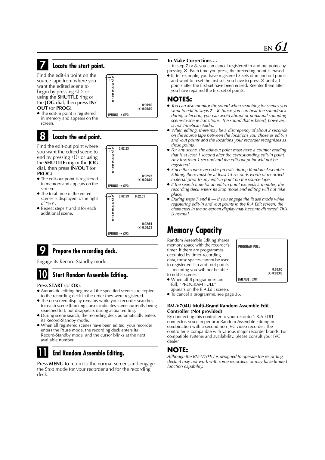 JVC LPT0328 Memory Capacity, Prepare the recording deck, Start Random Assemble Editing, End Random Assemble Editing 