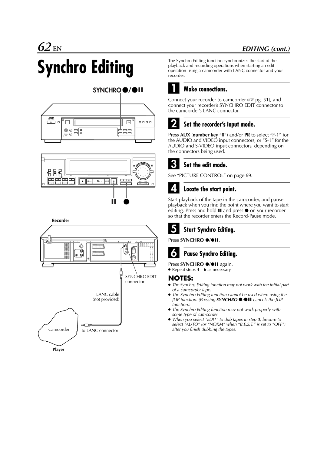 JVC LPT0328 specifications 62 EN, Start Synchro Editing, Pause Synchro Editing, Press Synchro 7/79 again 