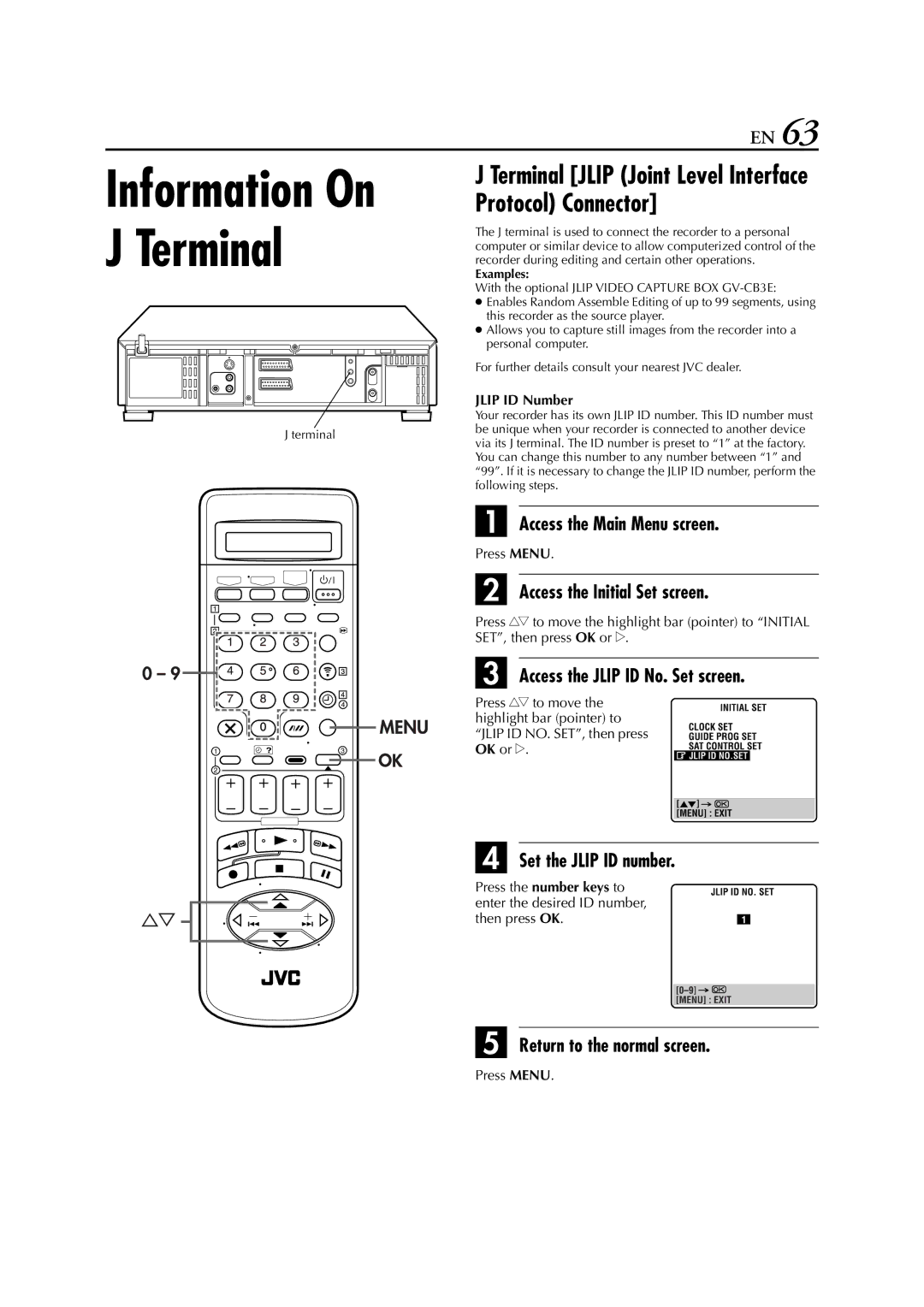 JVC LPT0328 specifications Access the Jlip ID No. Set screen, Set the Jlip ID number, Jlip ID Number, Examples 