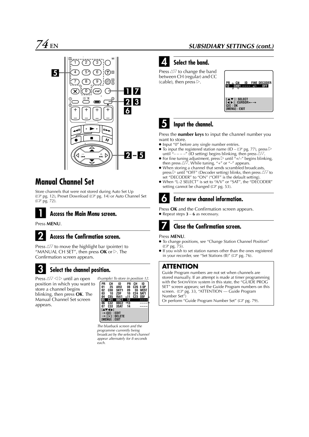 JVC LPT0328 specifications 74 EN, Manual Channel Set 