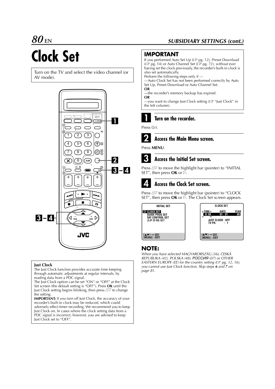 JVC LPT0328 specifications 80 EN, Access the Clock Set screen 