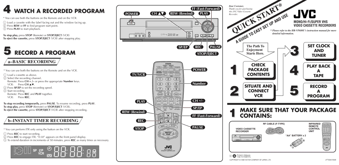 JVC LPT0342-002B quick start Watch a Recorded Program, Record a Program, Basic Recording, Instant Timer Recording 