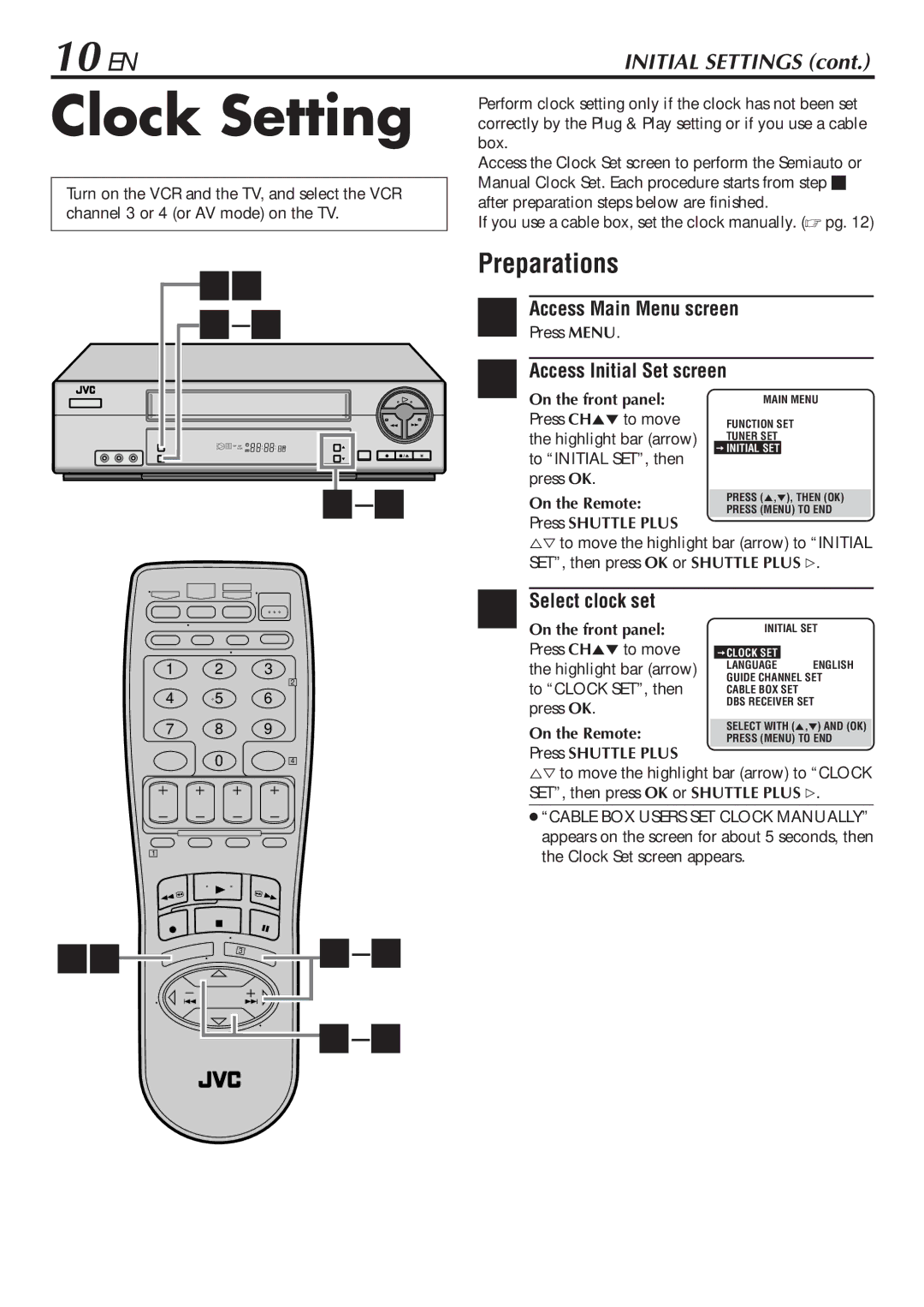 JVC LPT0345-001B Clock Setting, Preparations, Select clock set, If you use a cable box, set the clock manually. pg 