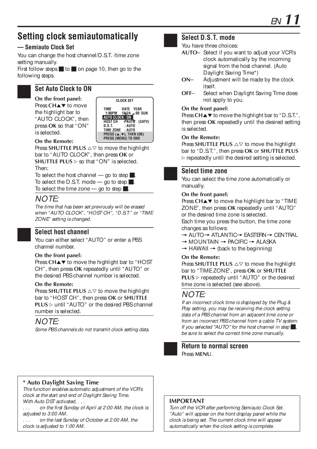 JVC LPT0345-001B manual Setting clock semiautomatically, Set Auto Clock to on, Select host channel, Select time zone 