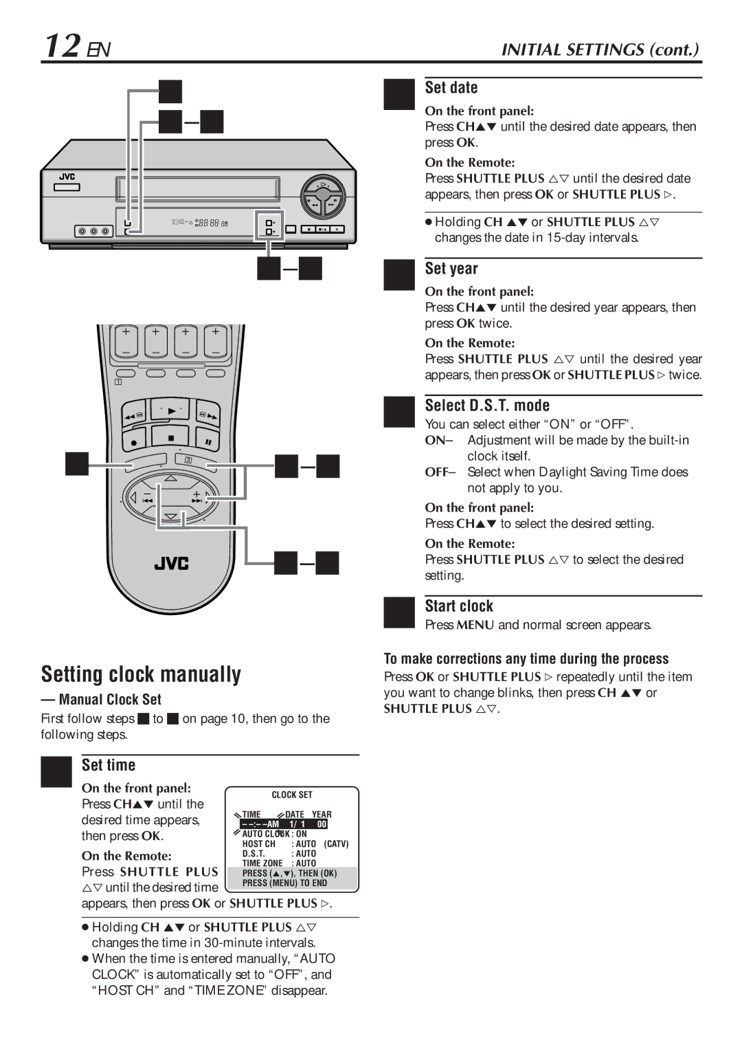 JVC LPT0345-001B Setting clock manually, Select D.S.T. mode, Manual Clock Set 