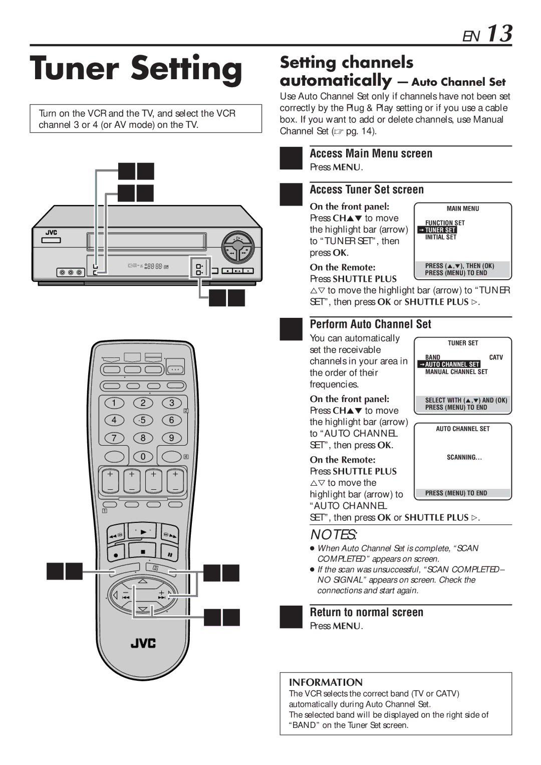 JVC LPT0345-001B manual Tuner Setting, Access Tuner Set screen, Perform Auto Channel Set 