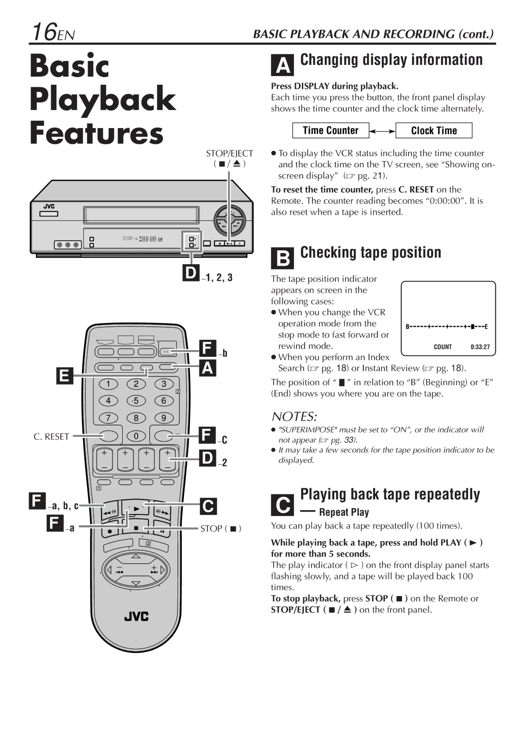 JVC LPT0345-001B manual Basic Playback Features, Changing display information, Checking tape position 