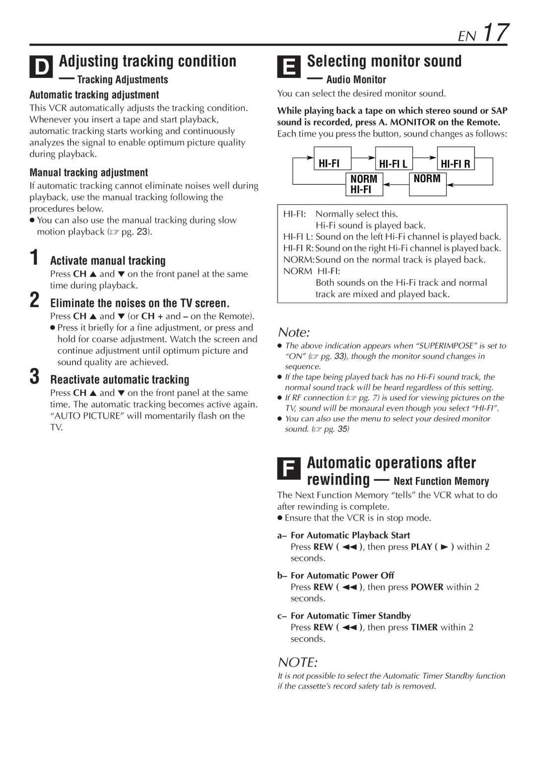 JVC LPT0345-001B manual Adjusting tracking condition, Selecting monitor sound, Automatic operations after 