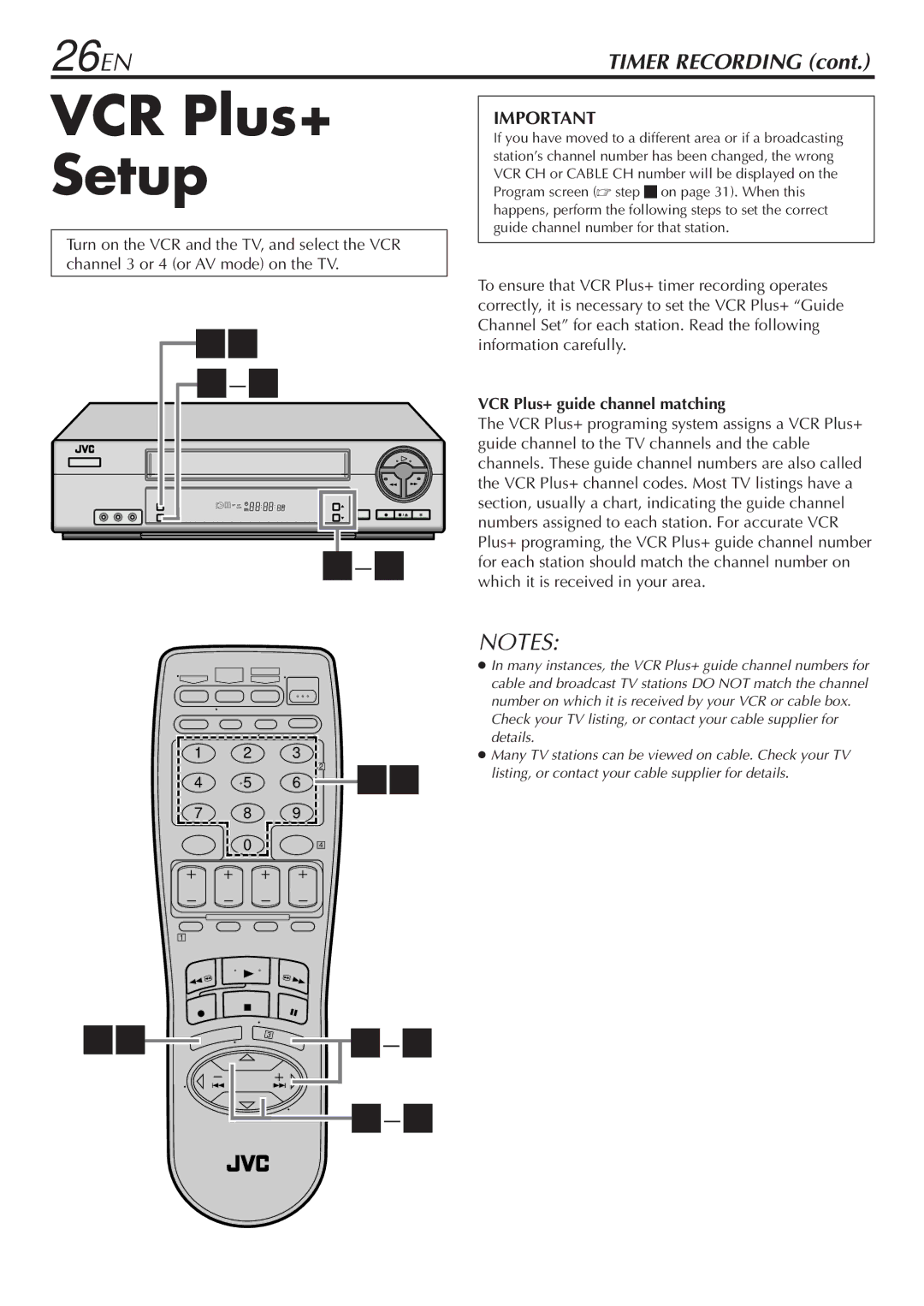 JVC LPT0345-001B manual VCR Plus+ Setup, VCR Plus+ guide channel matching 