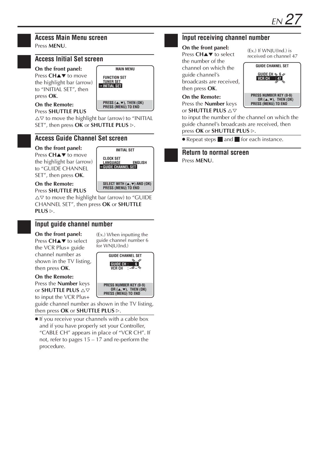 JVC LPT0345-001B manual Access Guide Channel Set screen, Input guide channel number 