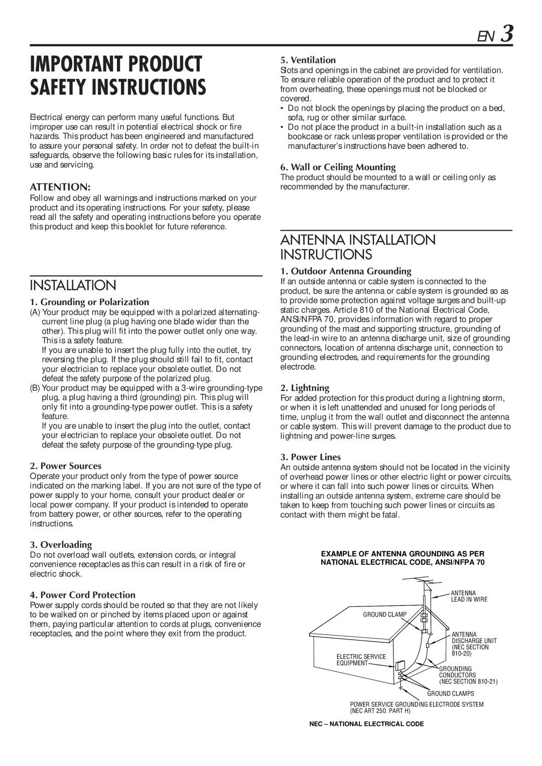 JVC LPT0345-001B Grounding or Polarization, Power Sources, Ventilation, Wall or Ceiling Mounting, Lightning, Power Lines 