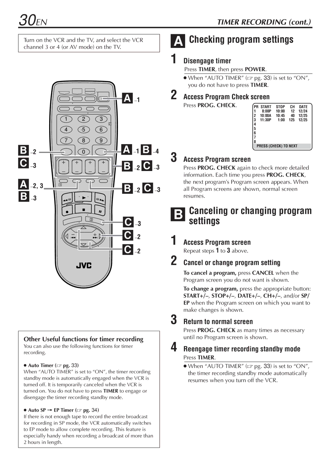 JVC LPT0345-001B manual Checking program settings, Disengage timer, Cancelingsettings or changing program 