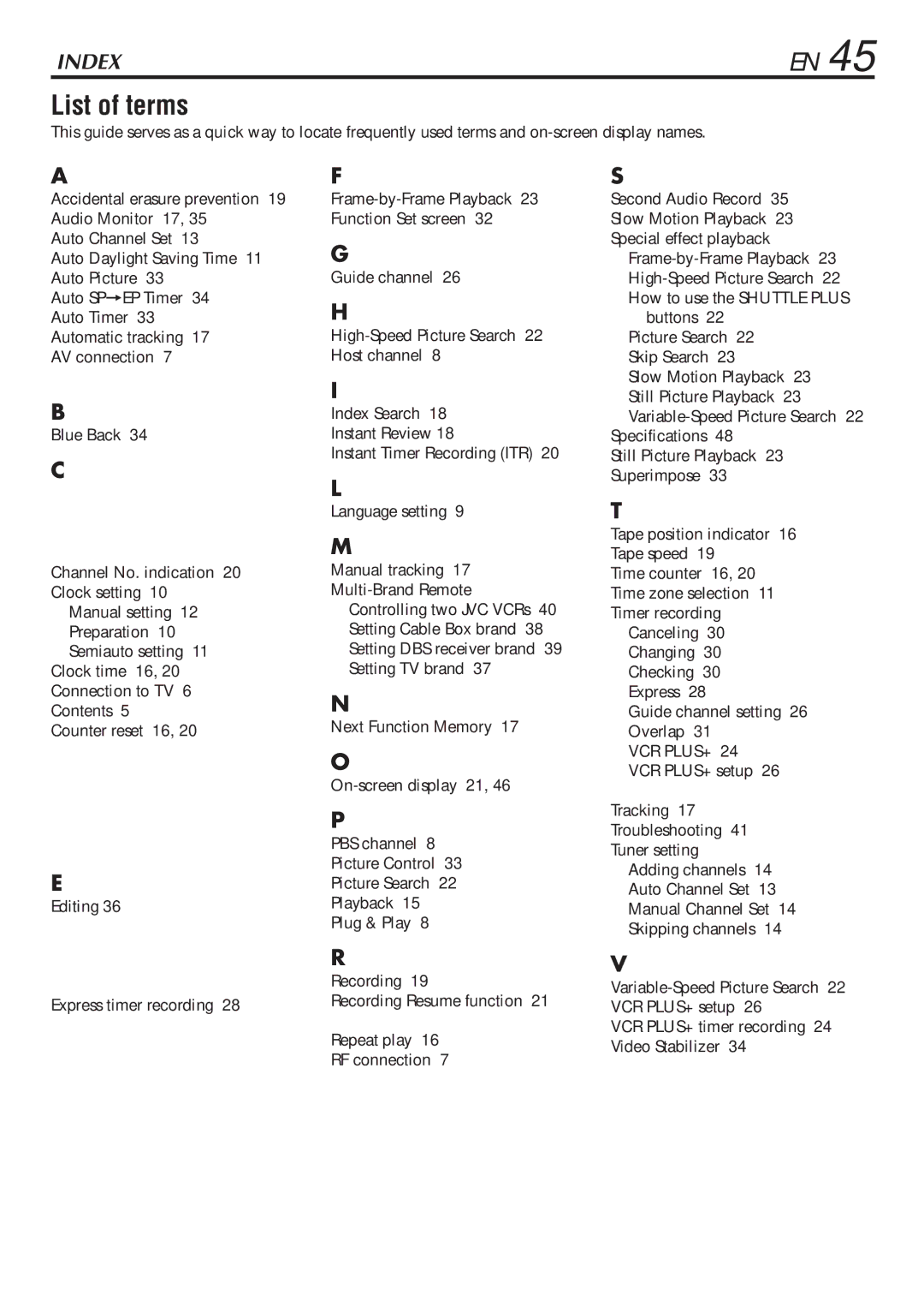 JVC LPT0345-001B manual List of terms, Repeat play, RF connection 