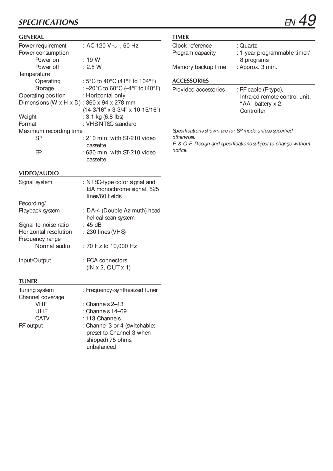 JVC LPT0345-001B manual Specifications 