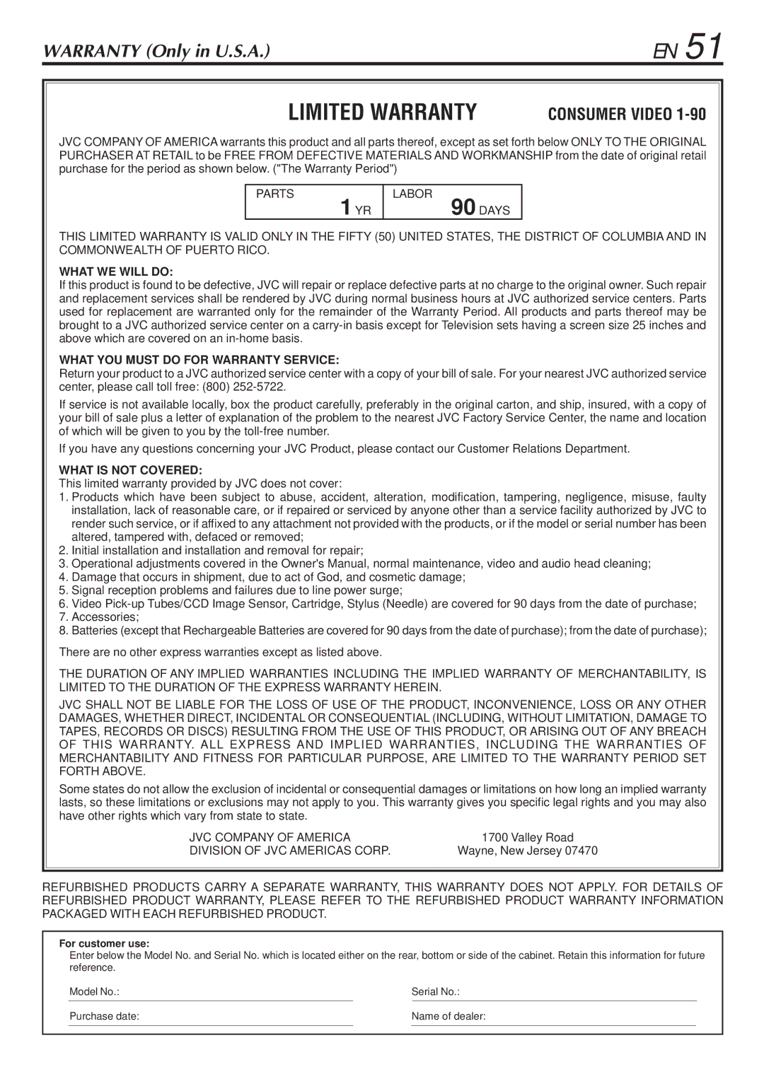 JVC LPT0345-001B manual Limited Warranty 